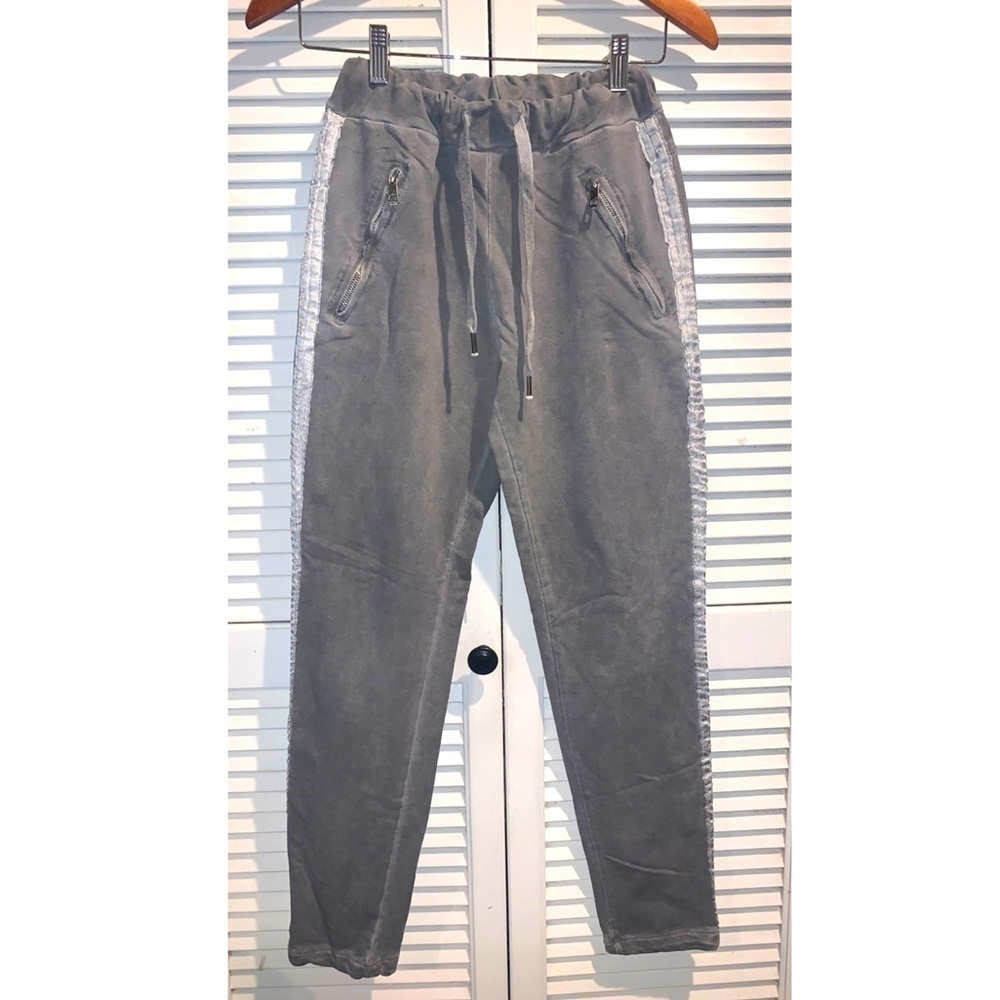 Italian made women’s joggers faded gray with shiny ribbon side stripes Small